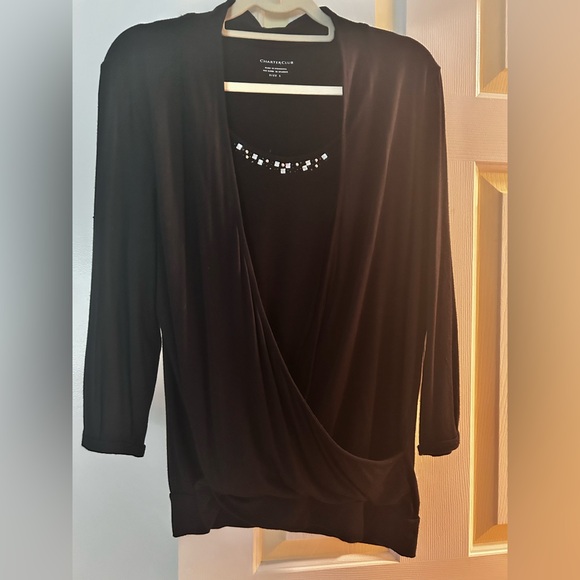Charter Club Black Embellished Top with Attached Wrap Front Cardigan - Picture 1 of 4